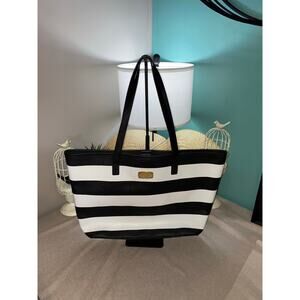 Michael Kors Large Black & White Striped Tote Bag with Gold Logo Hardware